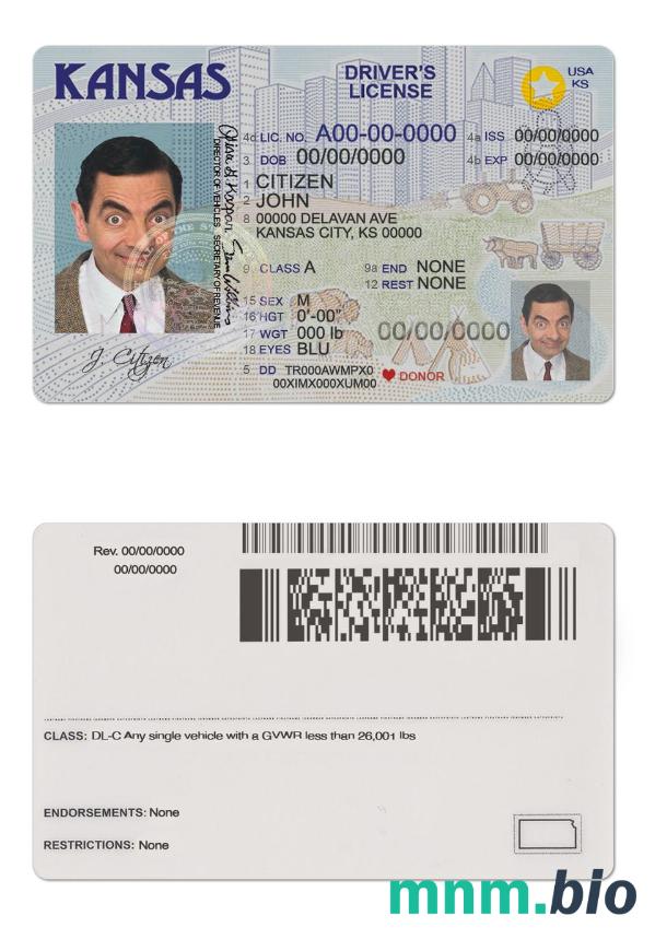 Szablon prawa jazdy USA Kansas w formacie PSD, ze wszystkimi czcionkami
